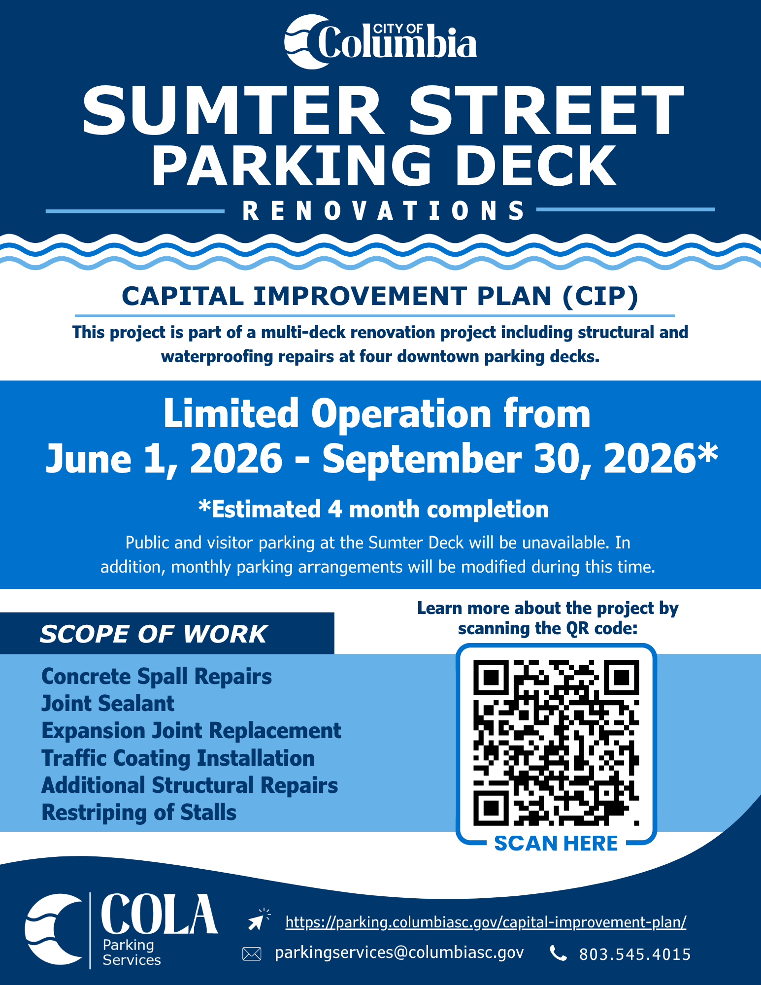 Flyer for information for Sumter Street Parkind Deck Renovation. Information repeated from web page.